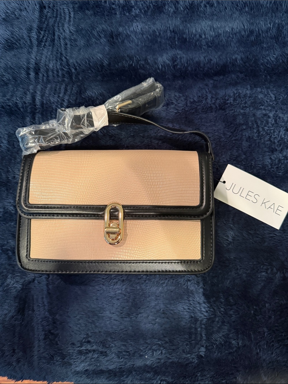 Jules Kae Beige and Black Crossbody Bag with Gold Clasp